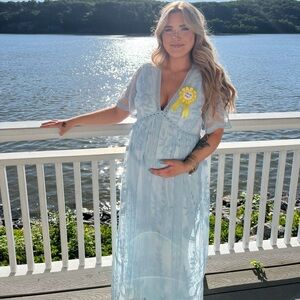 PinkBlush Light Blue Lace Mesh Overlay Maternity Maxi Dress